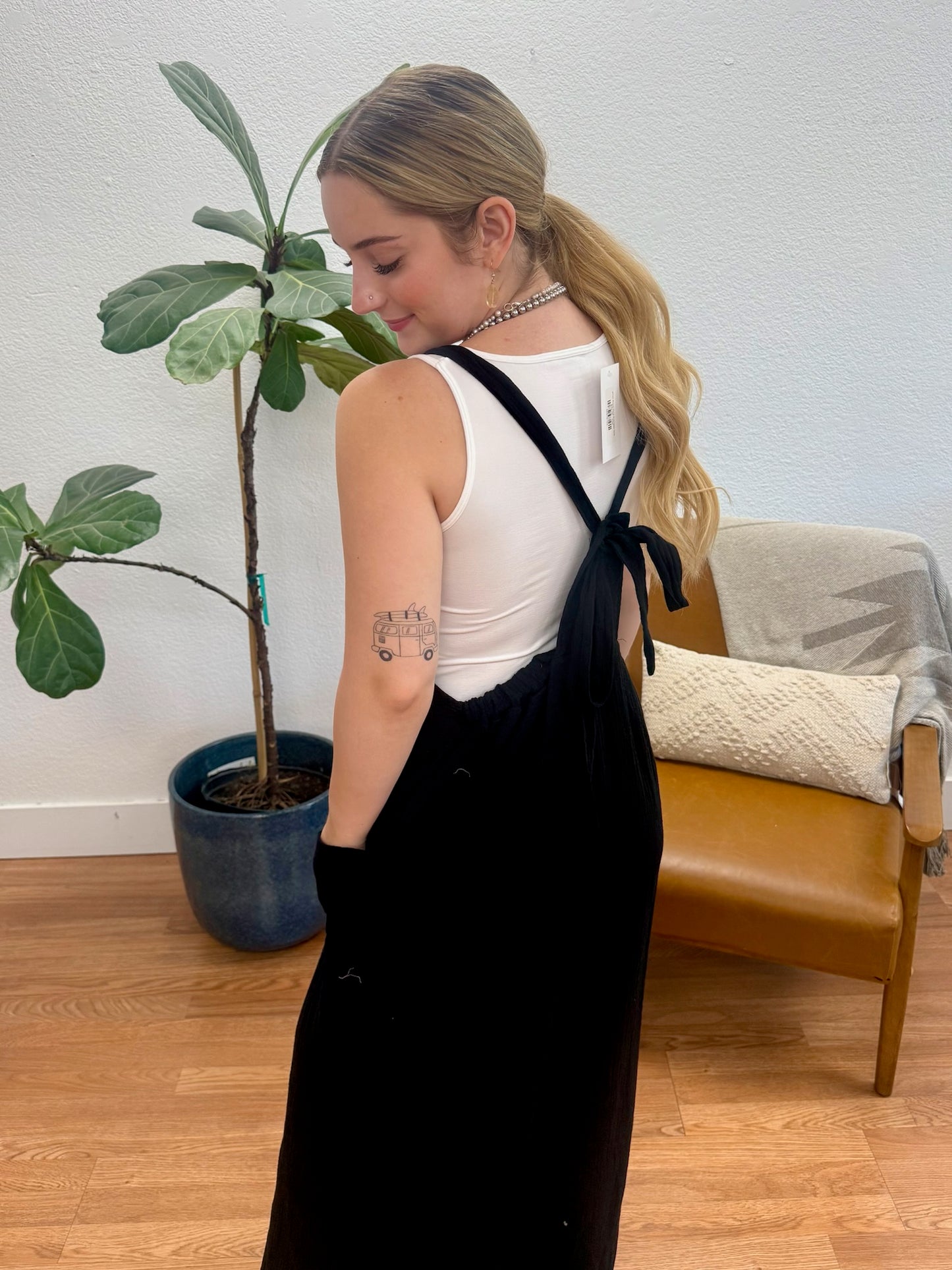 Black Solid Gauze Overalls