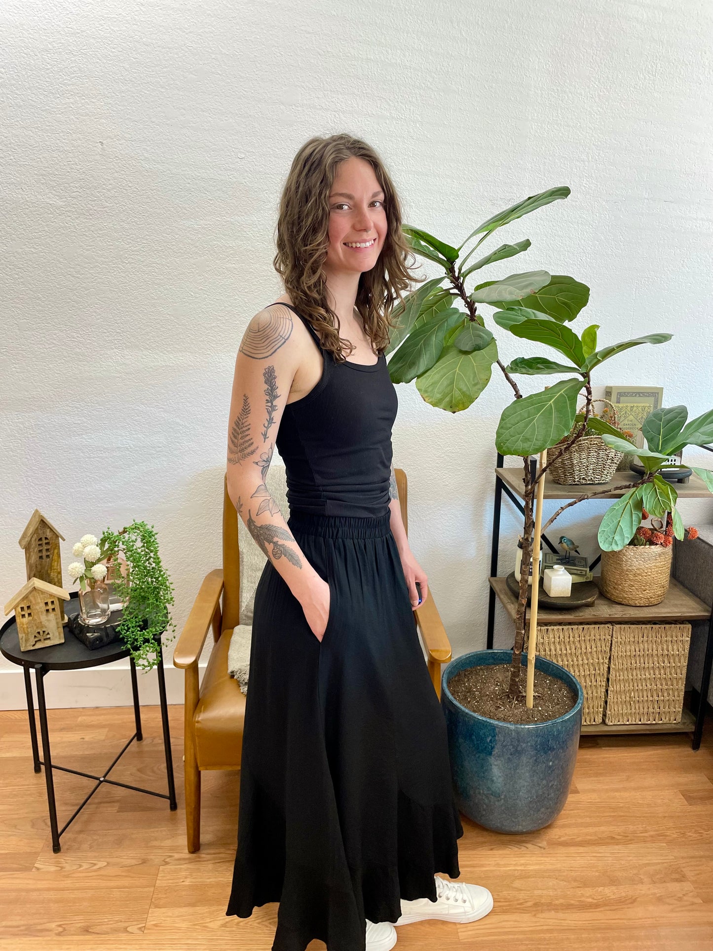 Scarf Hem Black Midi Skirt