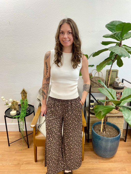 Brown Patterned Crop Pants