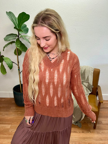 Rust Distressed V-Neck Sweater