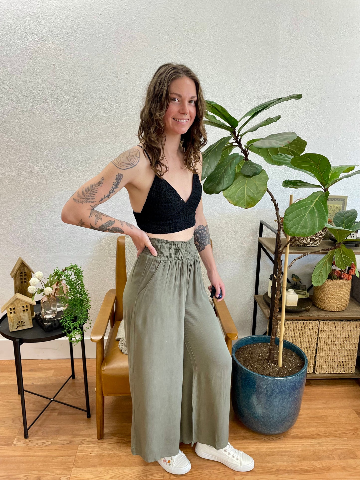 Olive Wide Leg Smocked Cropped Pants