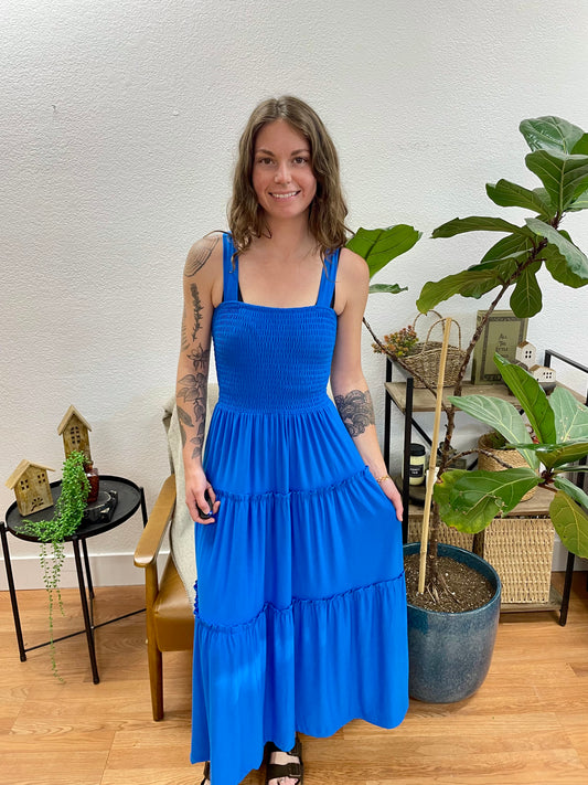 Blue Smocked Tiered Maxi Dress