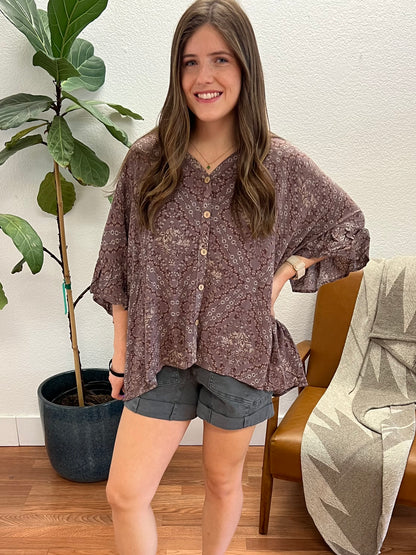 Warm Grey Ethnic Print Oversized Blouse