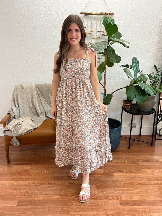 Taupe Florals Smocked Maxi Dress