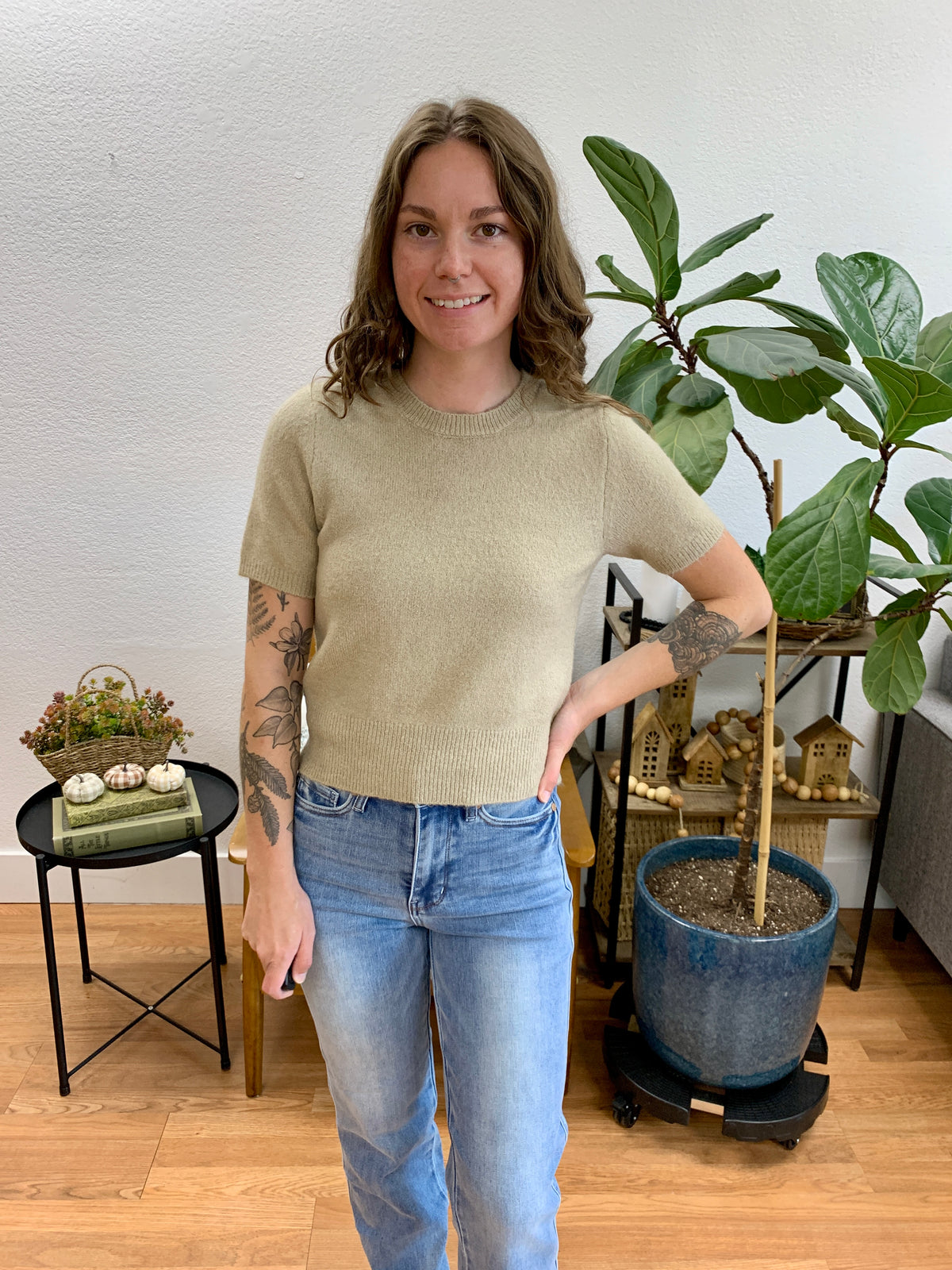 Taupe Crew Neck Knit Top