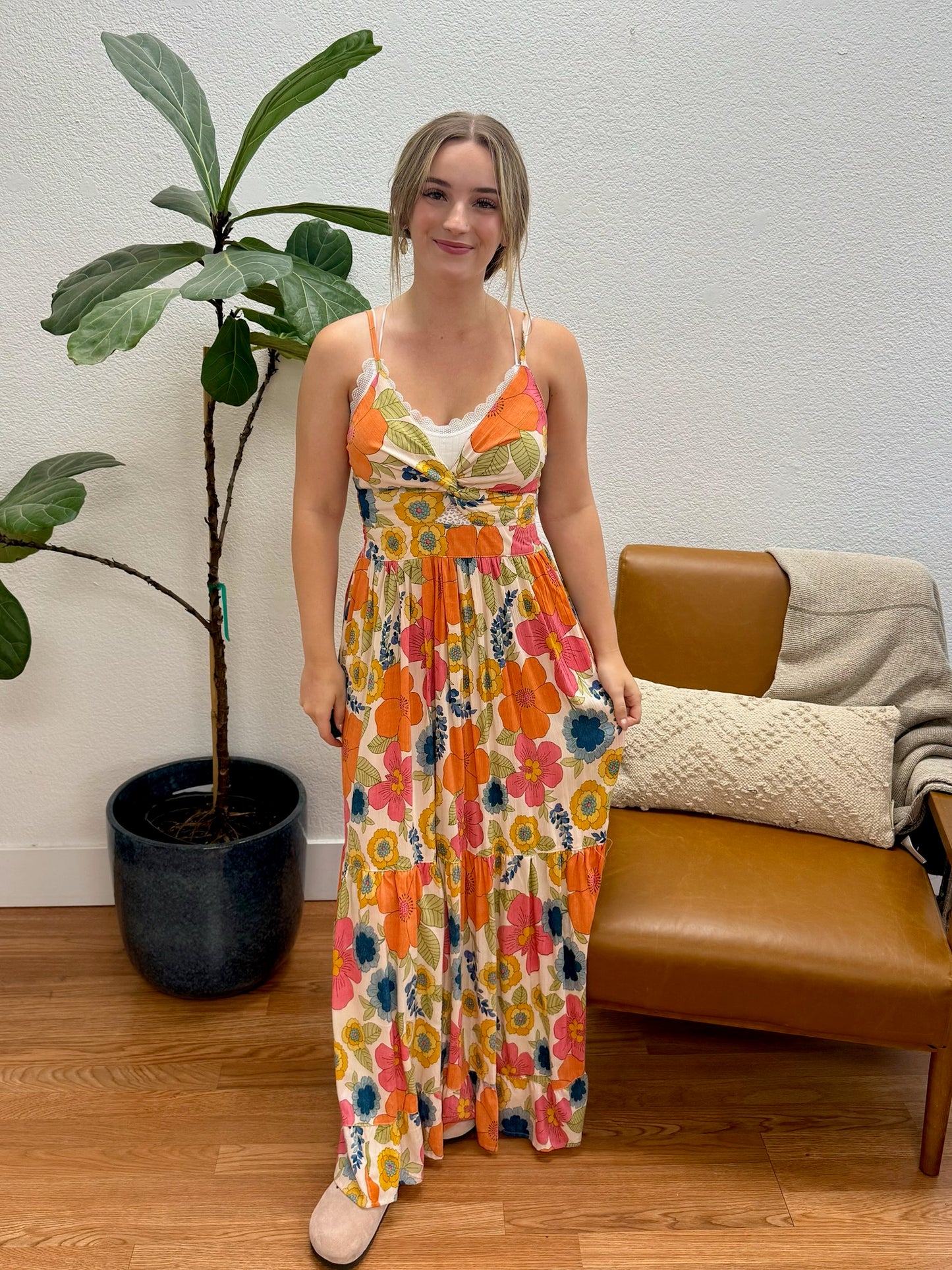 Cream V-Neck Cut Out Maxi Dress