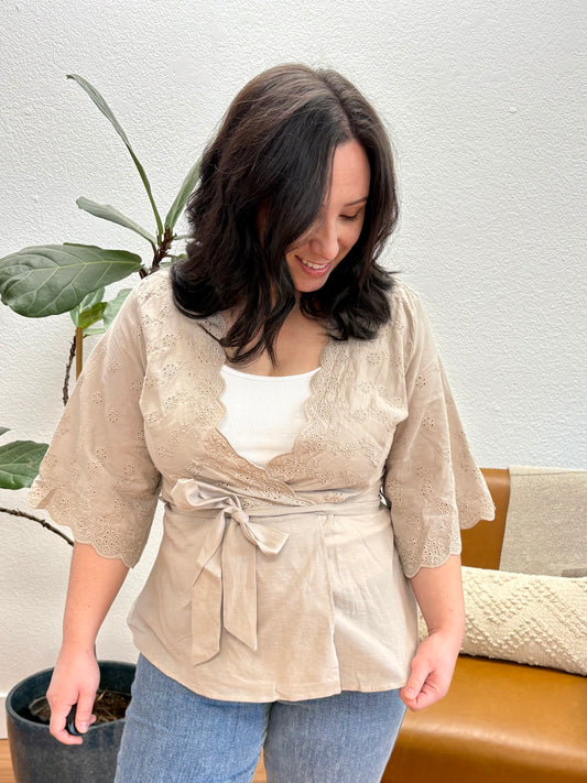Light Beige Eyelet Embroidered Wrap Blouse