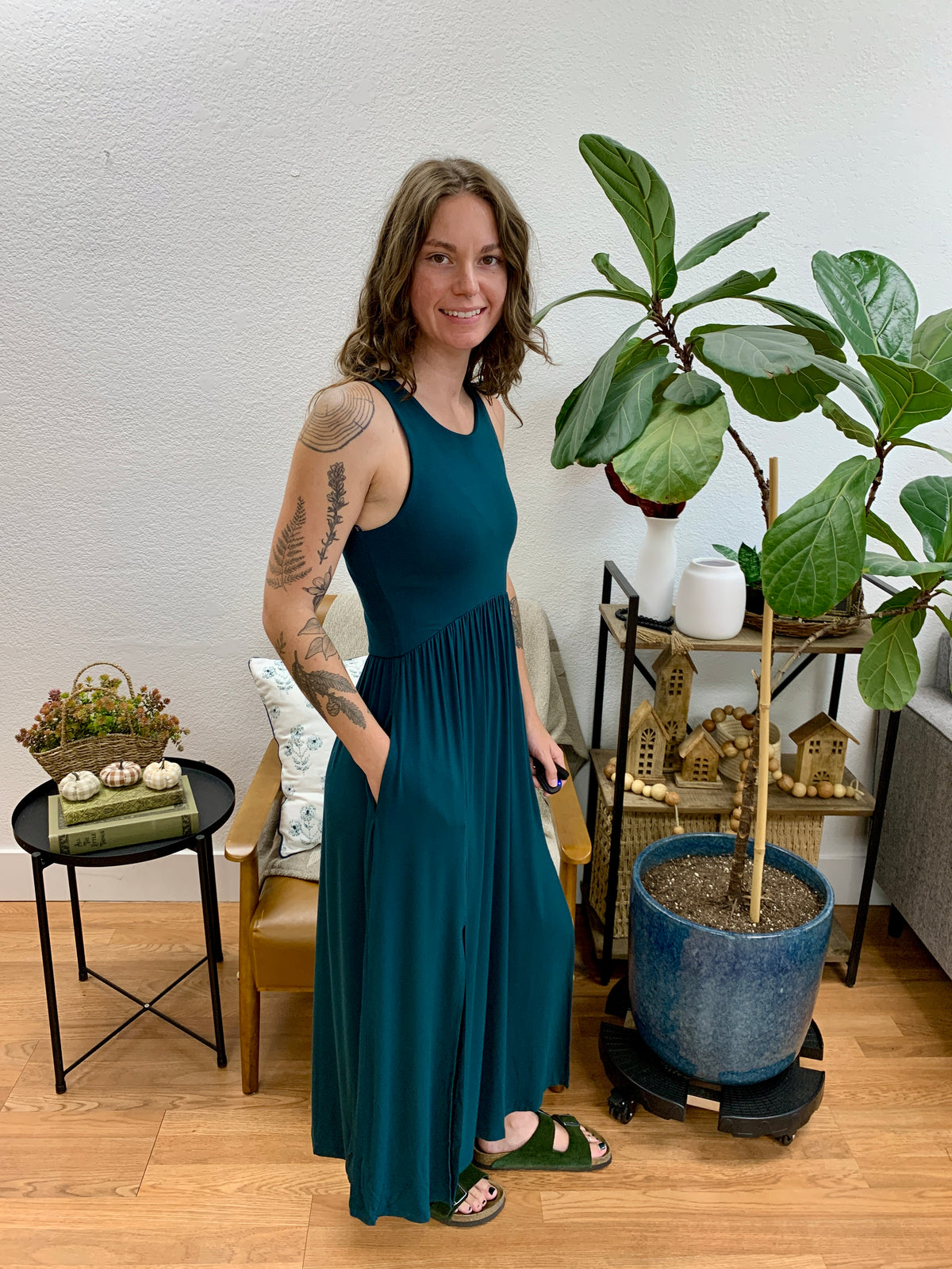 Hunter Green Front Slit Midi Dress