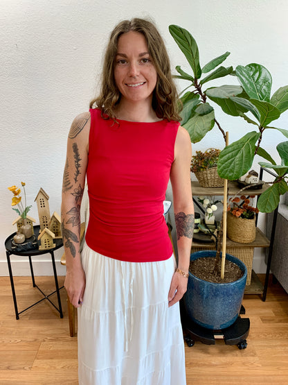 Red Asymmetrical Boat Neck Top