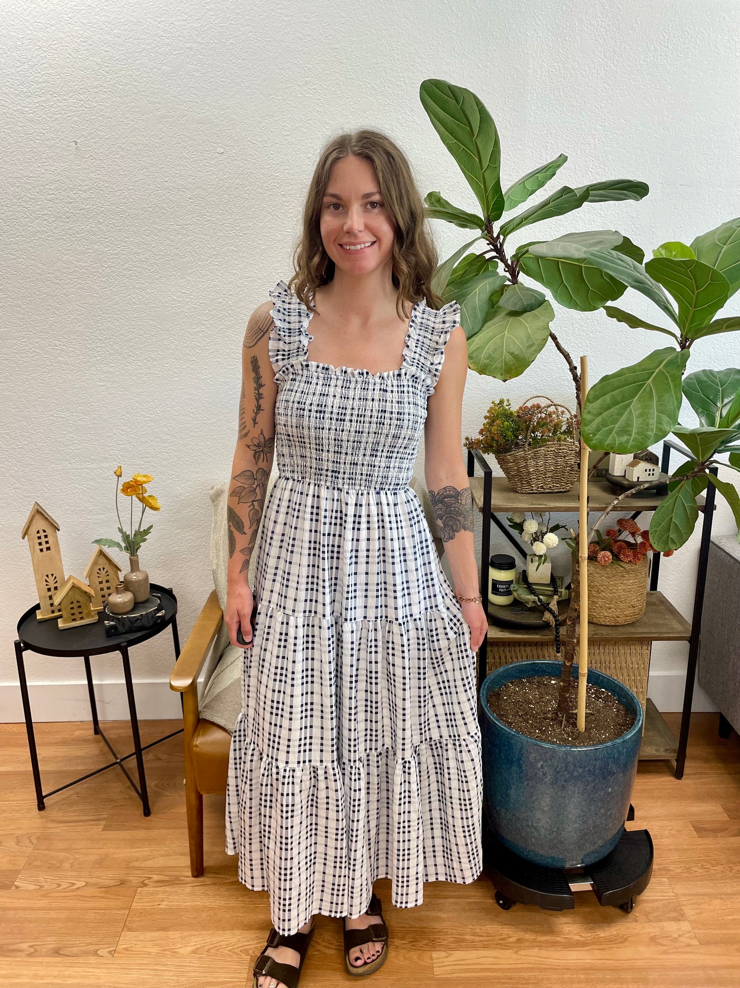 Navy Plaid Smocked Midi Dress