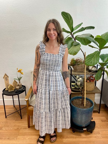 Navy Plaid Smocked Midi Dress