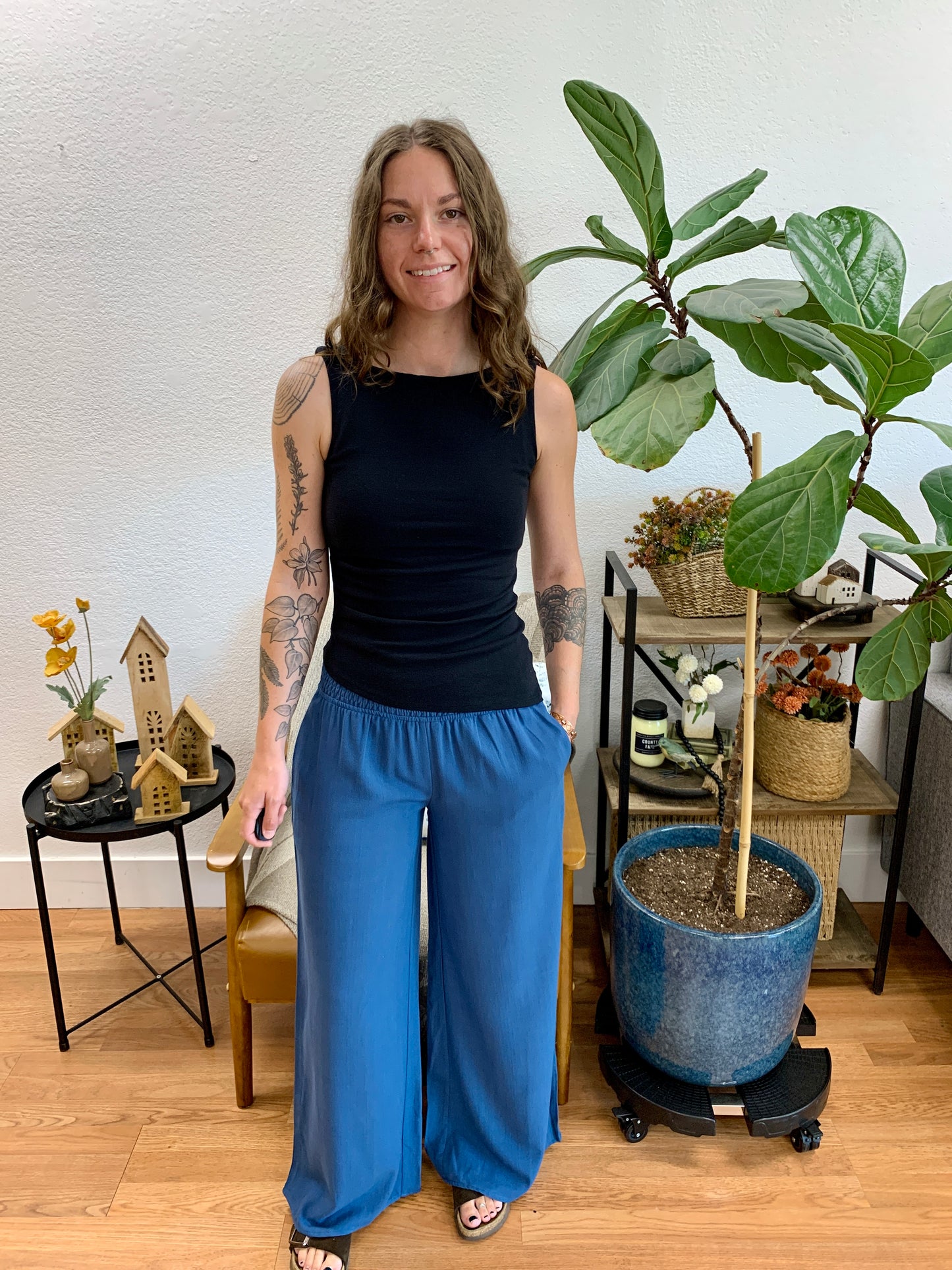 Slate Smocked Waist Pants With Pockets