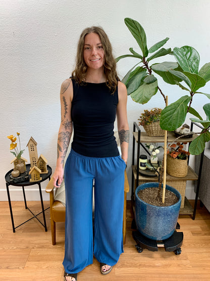 Slate Smocked Waist Pants With Pockets