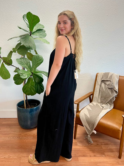 Black Frayed Detail Gauze Wide Leg Jumpsuit