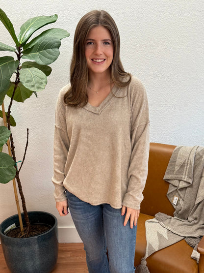 Mocha Ribbed Drop Shoulder V Neck Top