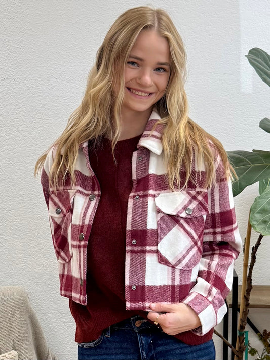 Burgundy Cropped Button Down Jacket