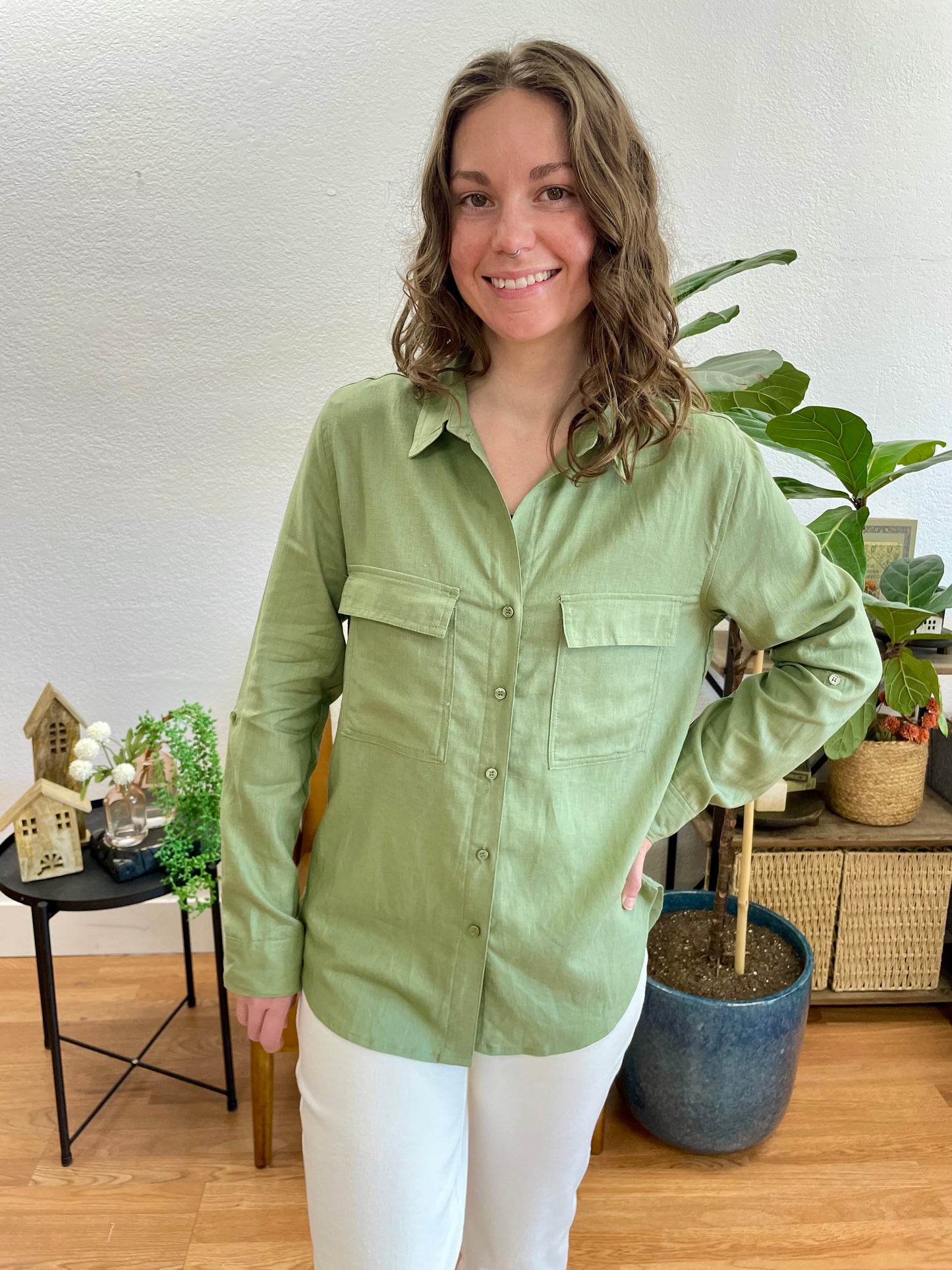 Olive Linen Button Up Blouse