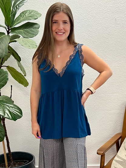 Blue Crochet Lace Trim Tank