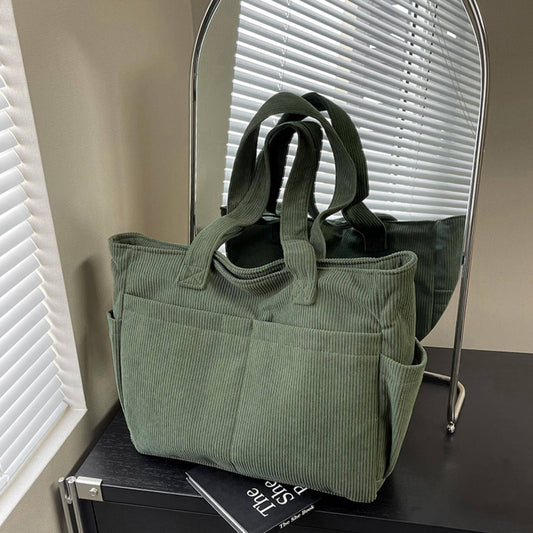 Green Casual Solid Color Corduroy Zippered Shoulder Bag Tote