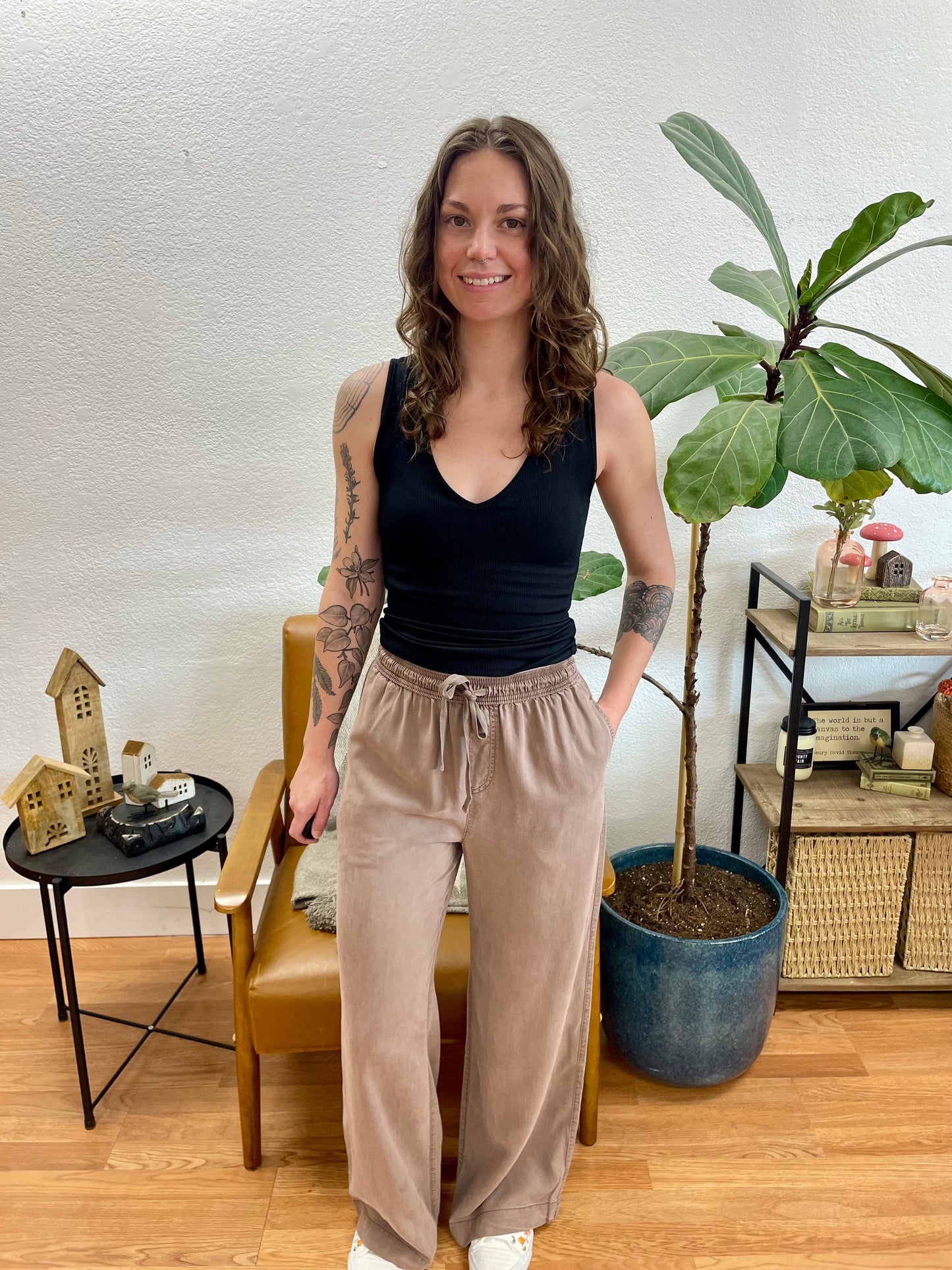 Mocha Tencel Wide Leg Pants - Terra Cottage
