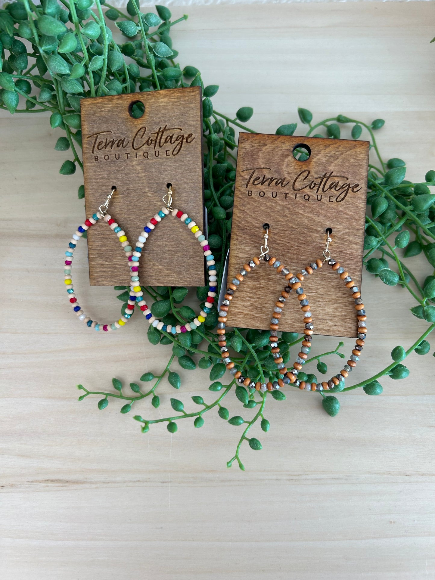 Glass Wood Bead Teardrop Dangle Earrings