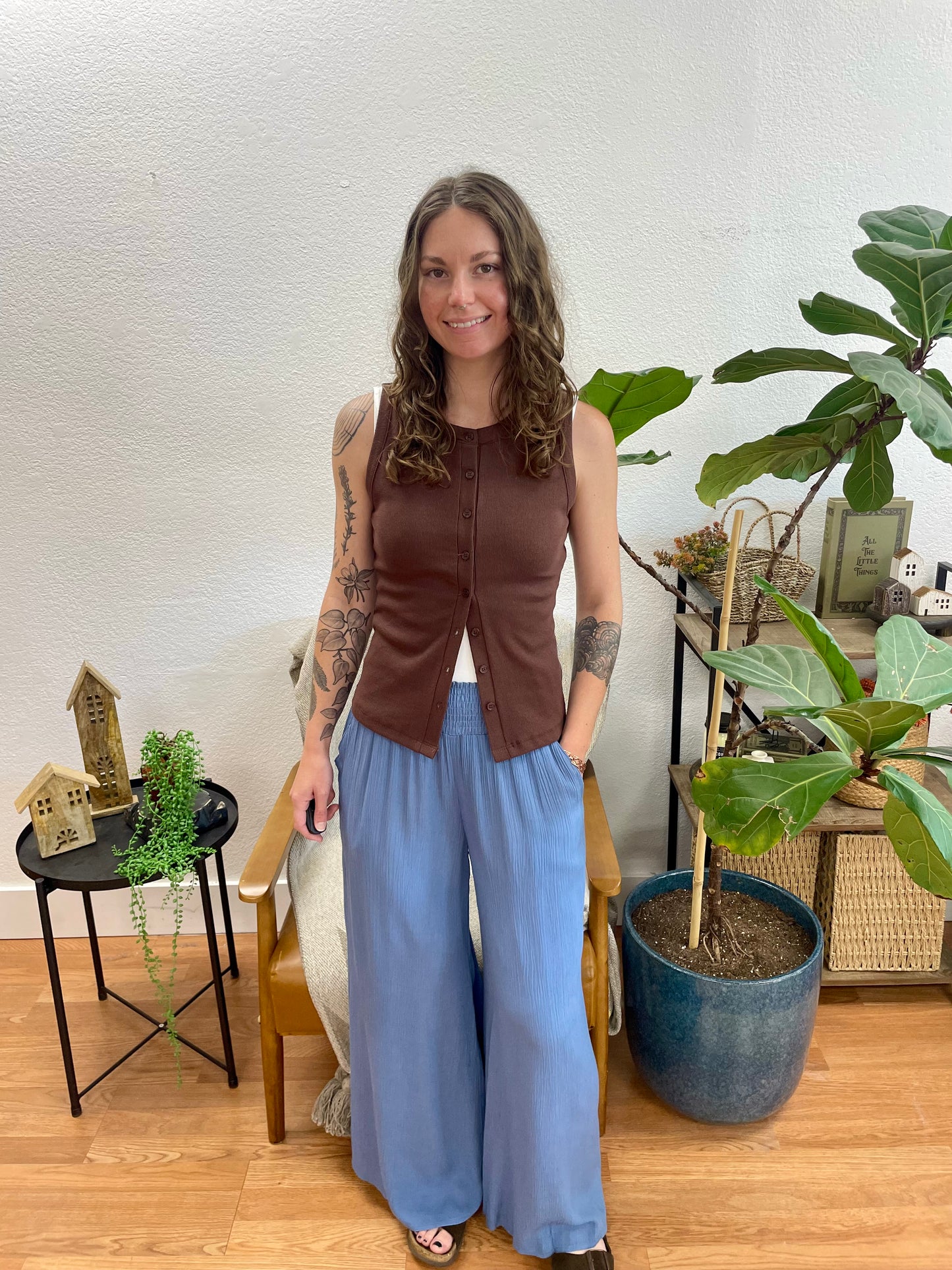 Dusty Blue Smocked Gauze Pants