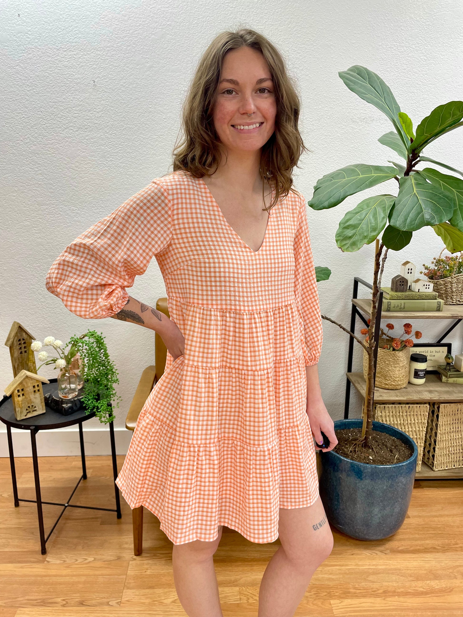 Orange Gingham Babydoll Dress - Terra Cottage