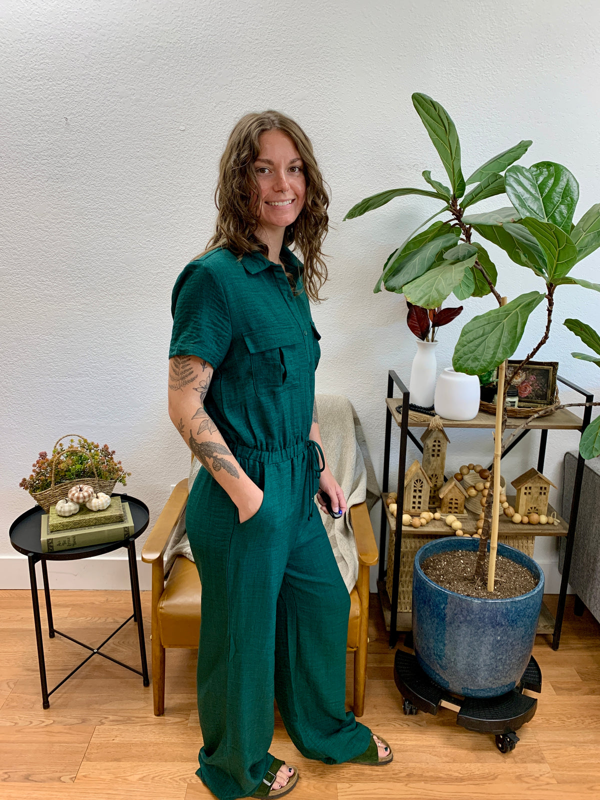 Hunter Green Button Down Jumpsuit