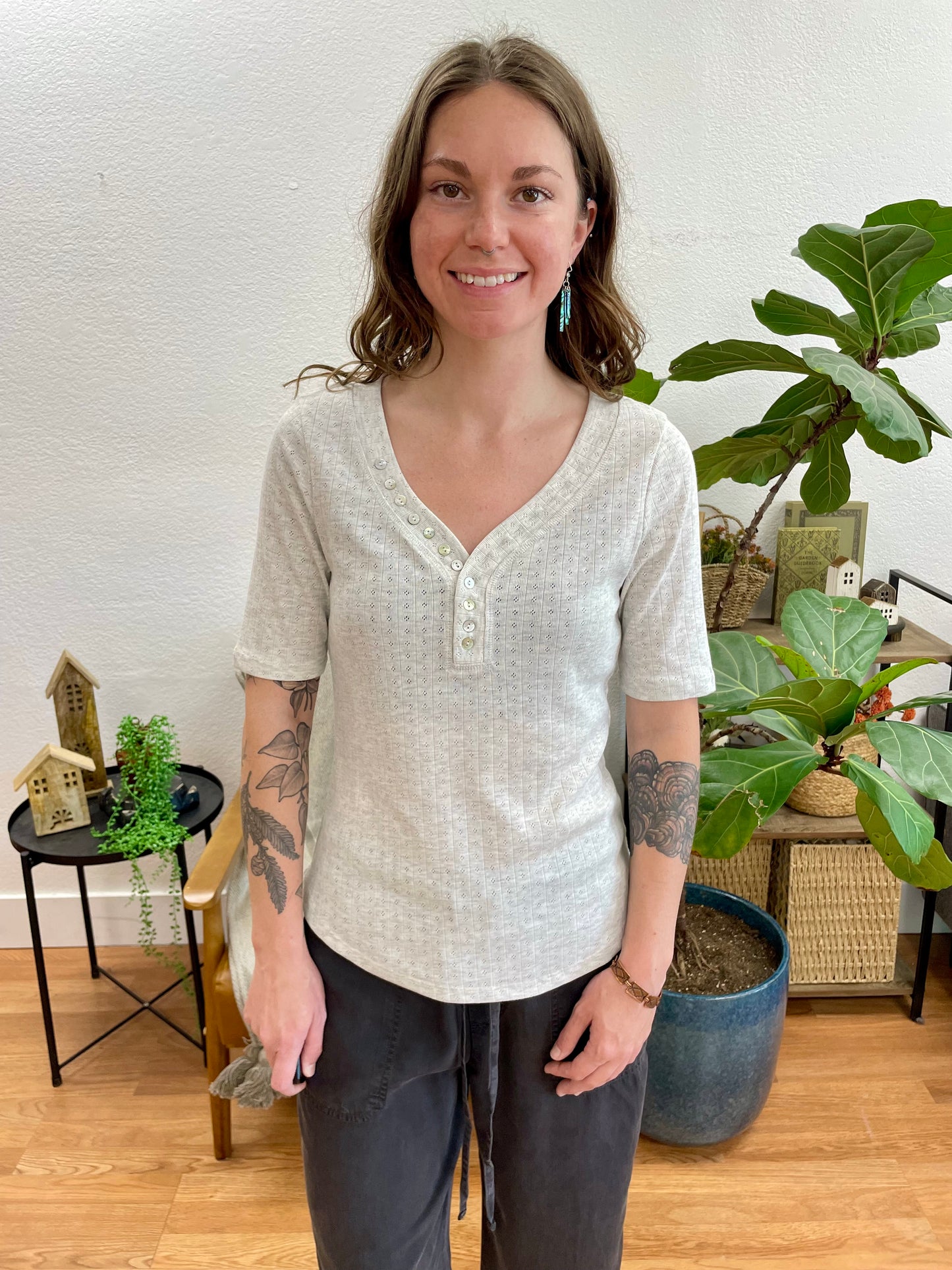 Grey Pointelle Henley Top