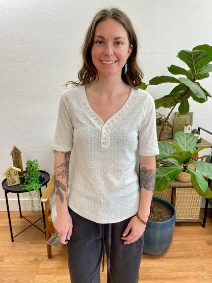 Grey Pointelle Henley Top