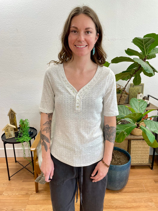 Grey Pointelle Henley Top