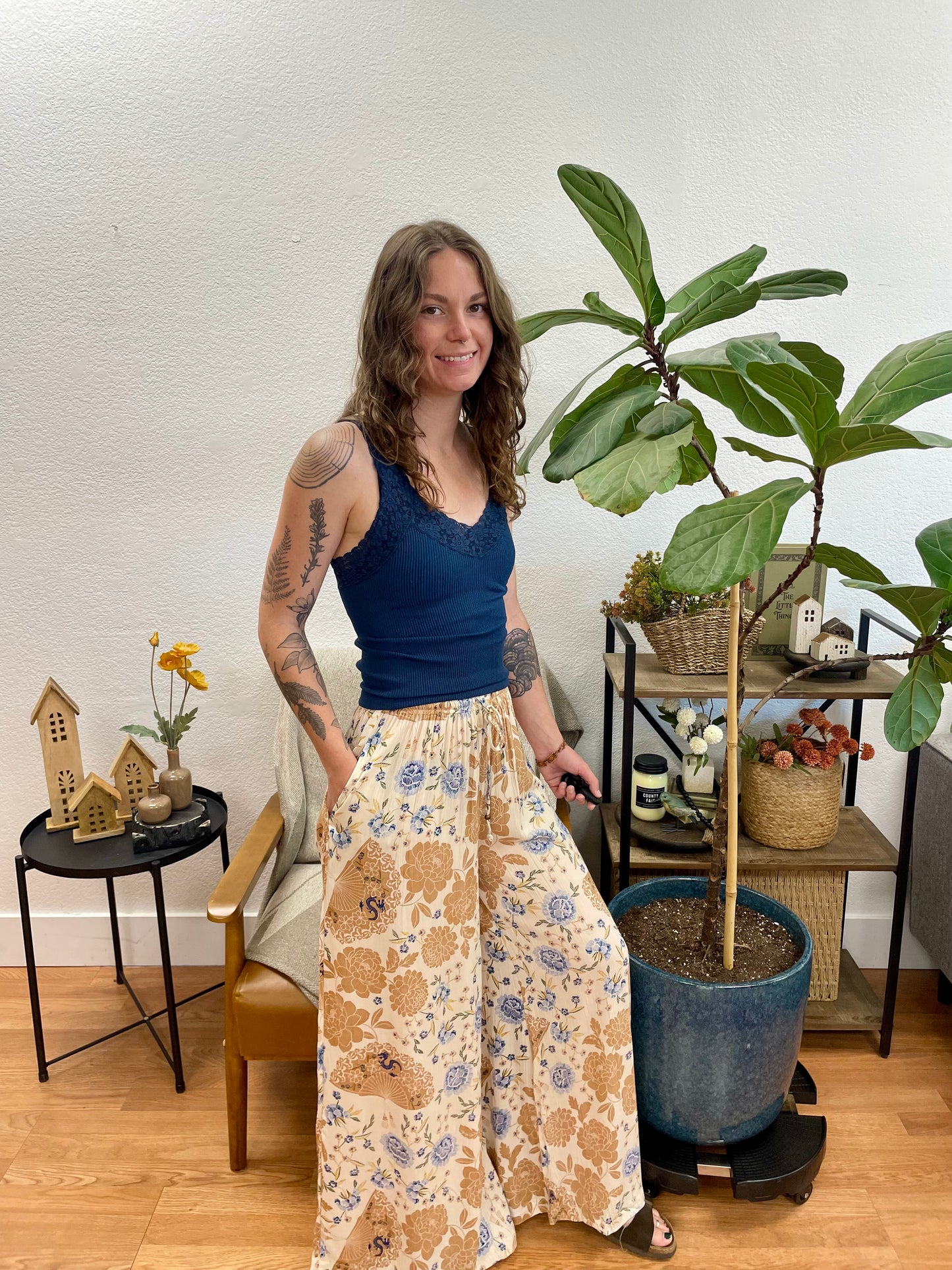 Ivory Soft Floral Wide Leg Pants
