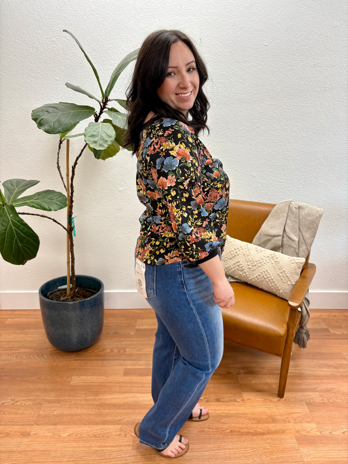 Black Floral 3/4 Sleeve Woven Blouse