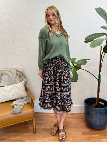 Black Print Elastic Skirt