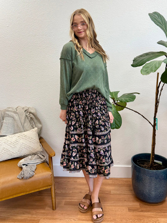 Black Print Elastic Skirt
