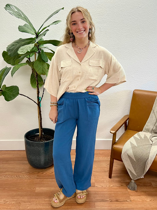 Blue Lace Trimmed Wide Leg Pants