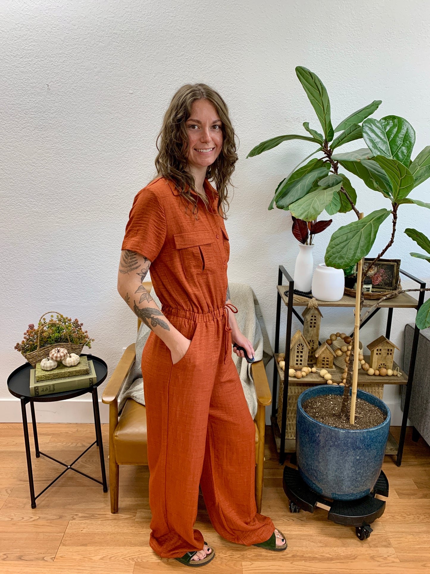 Rust Button Down Jumpsuit