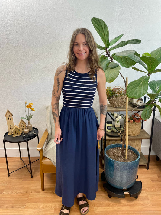 Navy Striped Bodice Sleeveless Dress