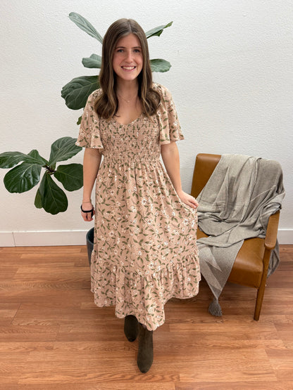 Mocha Floral Tiered Midi Dress