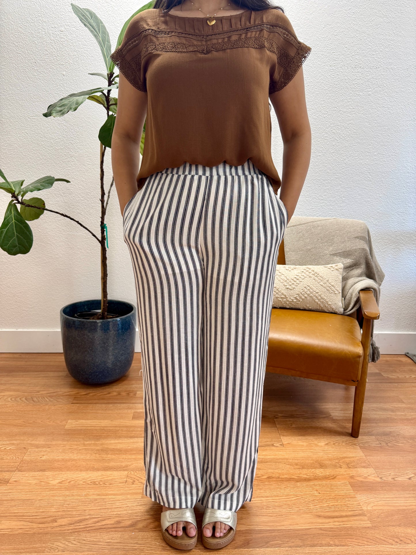 Navy Stripe Linen Wide Leg Pants