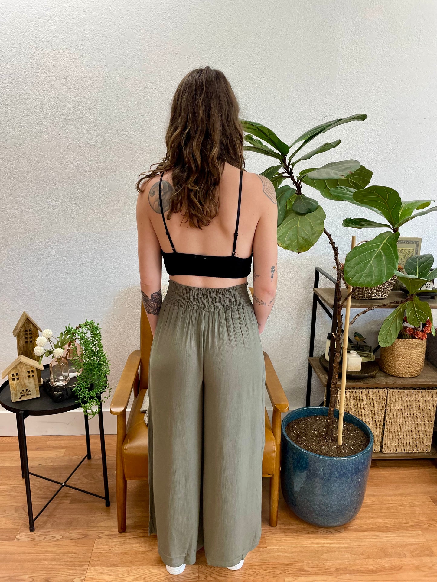Olive Wide Leg Smocked Cropped Pants