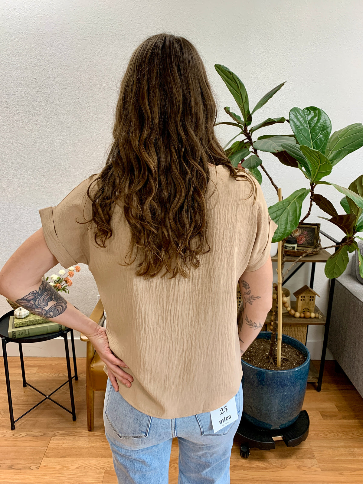 Beige Roll Sleeve Soft Tee