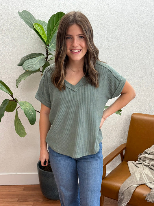 Sage Raw Edge V-Neck Top