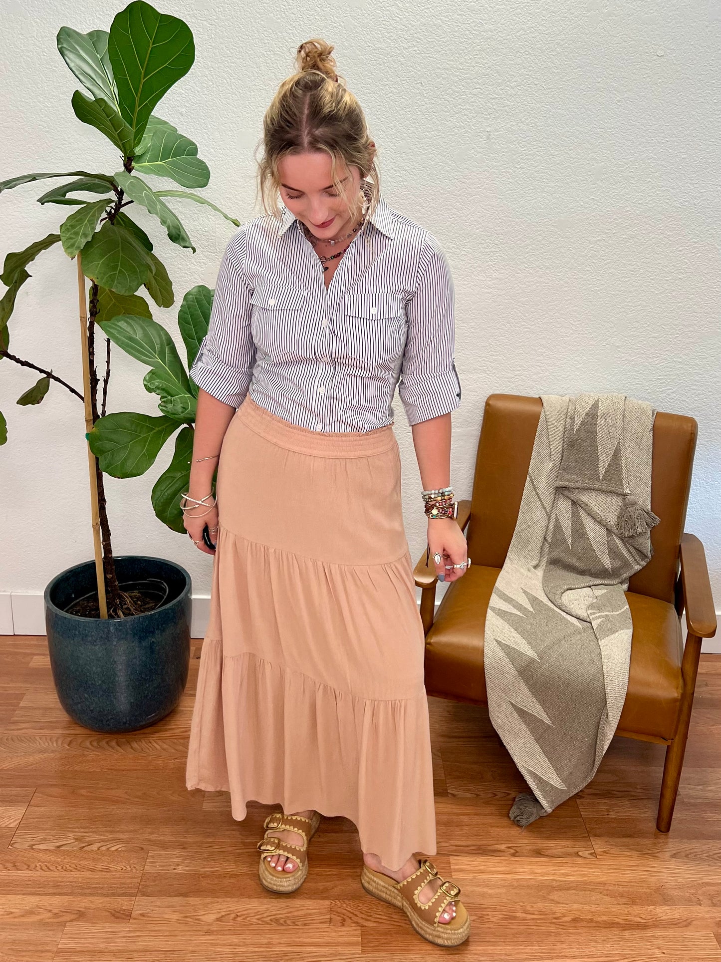 Taupe Smocked Tiered Maxi Skirt