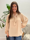 Cream Tie Front Bubble Sleeve Blouse