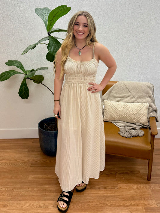 Khaki Stripe Lace Midi Dress