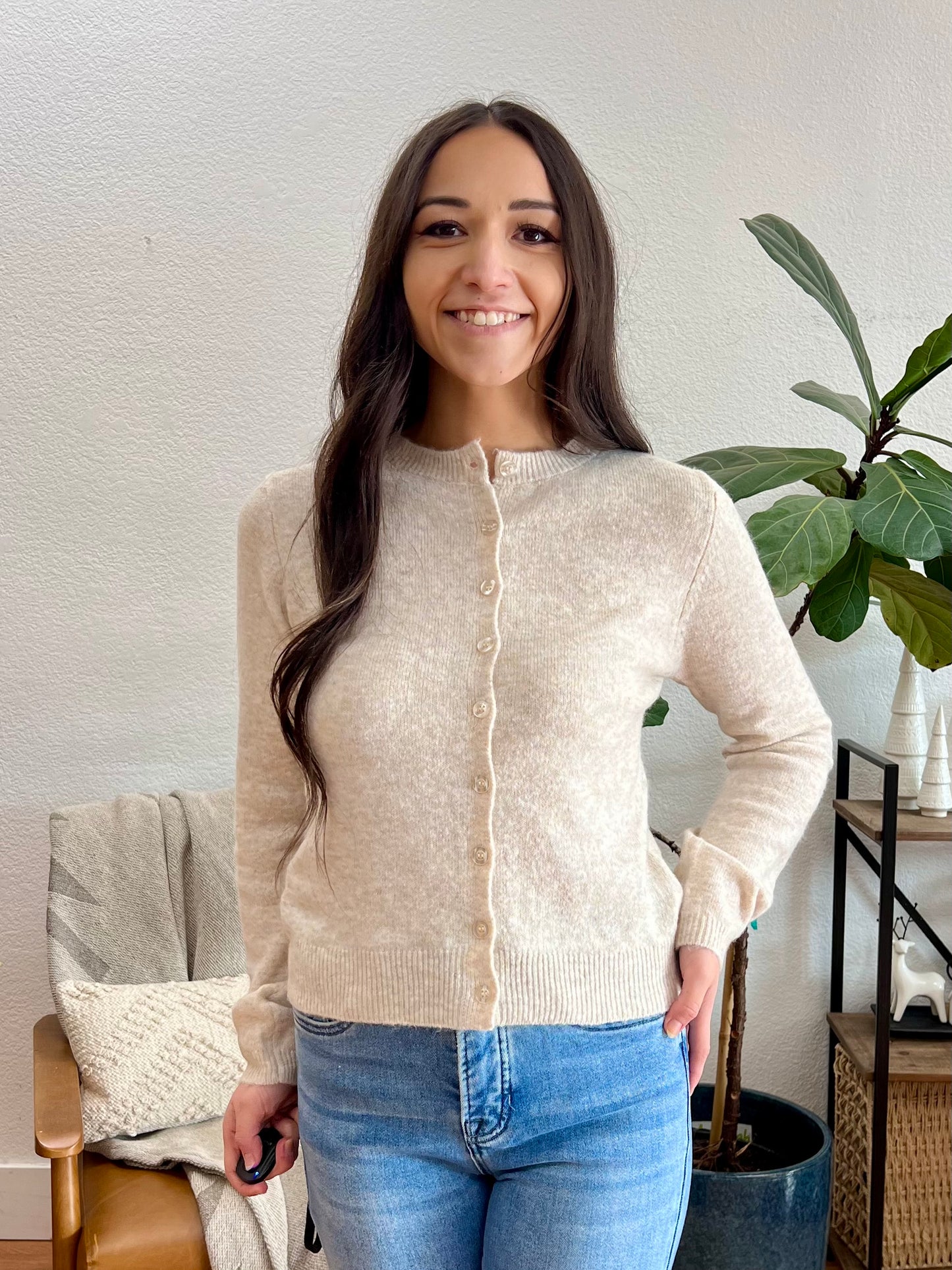 Cream Round Neck Button Down Cardigan