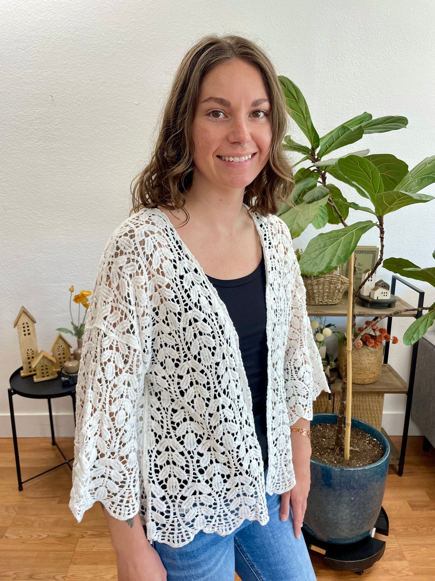 White Leaf Pattern Cardigan