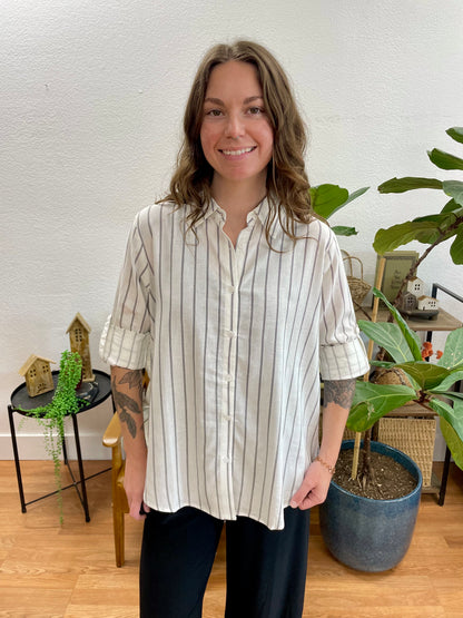 White Striped Button Up Blouse