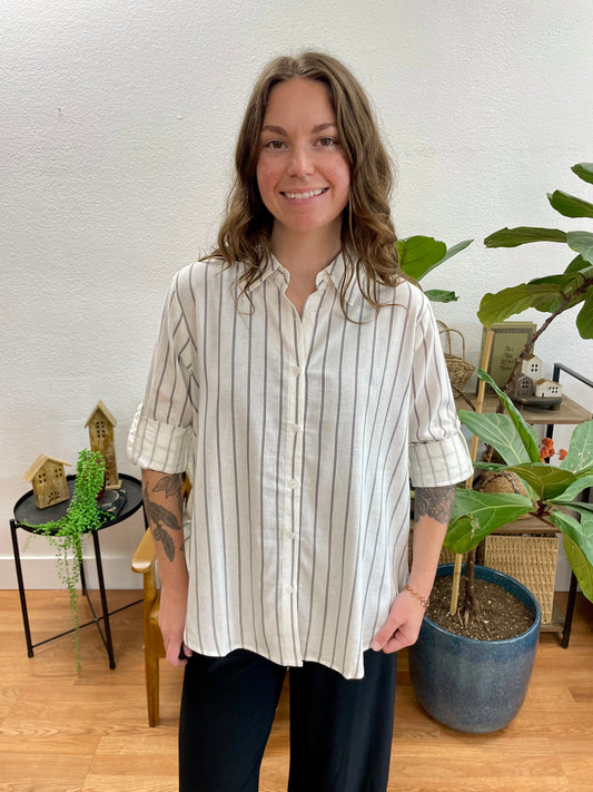 White Striped Button Up Blouse